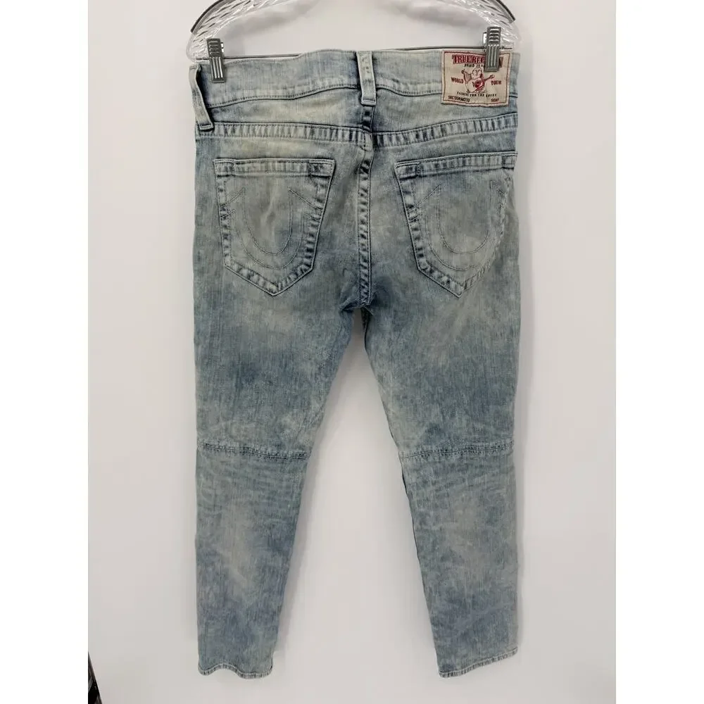 True Religion Men's Moto Biker Jeans Light Acid Wash Size 33x32 Y2K Streetwear